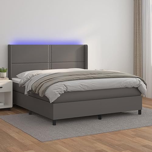 Vetnasa Cama Box Spring colchón y LED Cuero sintético Gris 180x200 cm Mobiliario, Camas y Accesorios, Camas y somieres Gris 85,89 KG