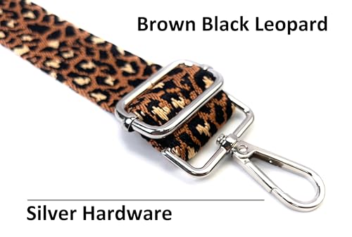 Image of Brown Black Leopard Purse Strap with Silver Hardware 1-1 /2 Inch Wide Replacement Crossbody Guitar Style Shoulder Strap for Handbags Totes