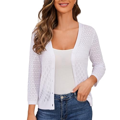 Women's Lightweight Crochet Cardigan 3/4 Sleeve Cropped V Neck Button Shrug Knit Sweater Tops