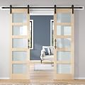 ROYMELO Double 24×84 inch Glass Sliding Barn Door Slab with 8ft Hardware Kit Included, 5-Panel Frosted Glass, Spruce Wood Support DIY Dyeing, Easy Assembly