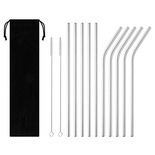 Image of Reusable Metal Straw 10 PCS Stainless Steel Straws for Travel Home | Portable Drinking Straws with 2 Cleaning Brushes, Storage Case, Ideal for Kitchen & Outdoor