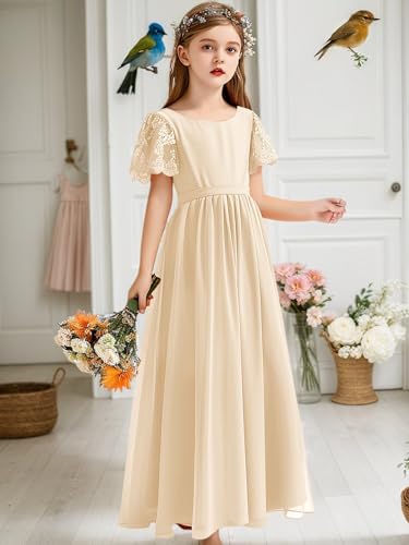 BONOYUER Short Sleeve Junior Bridesmaid Dress for Girls A Line Long Chiffon Formal Party Flower Girl Dress with Belt4