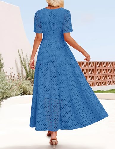 Image of ZESICA Women's 2026 Summer Short Sleeve Maxi Dress Casual V Neck Hollow Out Eyelet Ruffle Swing A Line Long Dresses