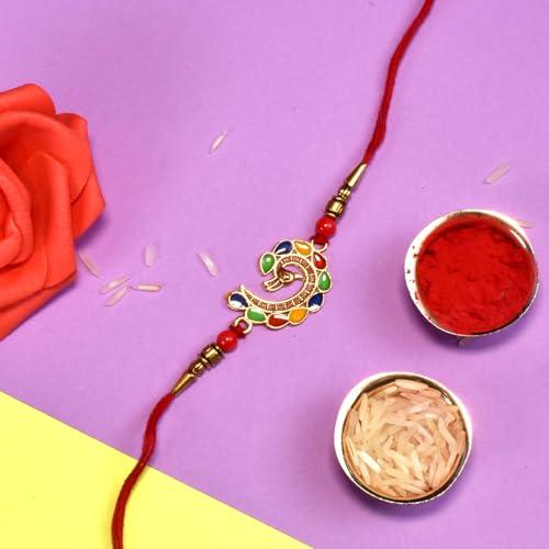 Image of DeoDap Rakhi Multicolor Peacock Design Rakhi Beats with Chocolate Beats 32gm, Silver Pooja Coin, Tilak Set, Greeting Card - Rakhi Gift for Brother