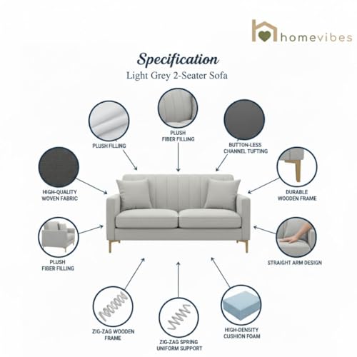 Image of 2 Seater Velum Fabric Sofa Set for Living Room, Modern Design with High Density Foam, Solid Wood Frame, Ergonomic Comfortable Seating for Home & Office (Light Grey, 2 Seater) | Soft foam comfort, Strong wood frame