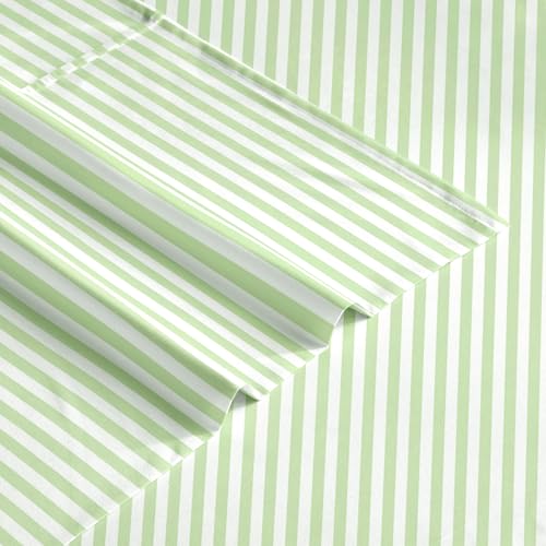 Image of Wake In Cloud - Striped Bed Sheets, 4-Piece Sheet Set, Ticking Vertical Pin Stripe Modern Farmhouse Pattern Printed Bedding, Deep Pocket, Sage Green White, Twin Size