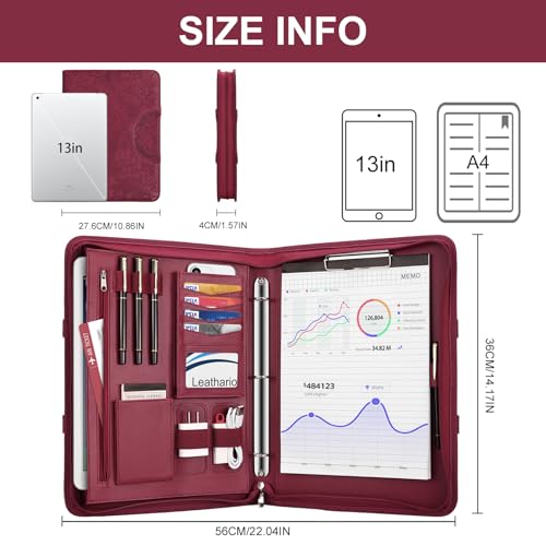 Image of Leathario Portfolio Binder, Includes 5 Folder Index Dividers, 13 Inch Tablets Organizer with Handle, Vegan Leather A4 Padfolio, Multi-Pocket Notepad Business Planner Professional Document