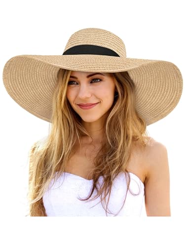 Senker Fashion Sun Hats for Women Oversize Wide Brim Straw Beach Hat Floppy Foldable Roll-Up Summer Vacation UPF 50+ Beige Khaki