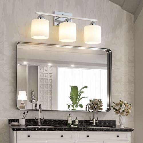 Image of Mecgirn Stainless Steel Milk Glass Vanity Lights for Bathroom, 3 Light Chrome Bathroom Light Fixtures Over Mirror, Ceramic E26 Sockets Wall Mounted