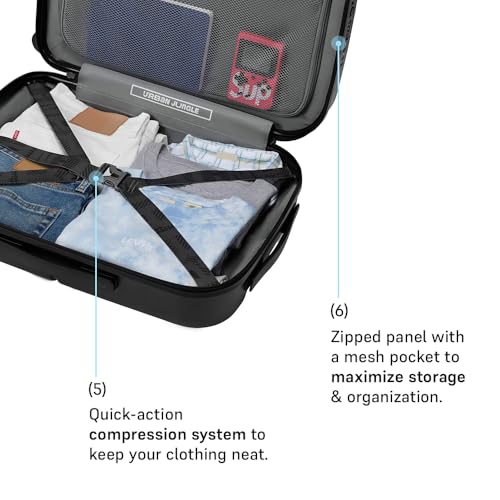 Image of Urban Jungle by Safari, Cabin Trolley Bag with Laptop Compartment, Hardside Polycarbonate Small (55 Cm) Suitcase with USB Charging Socket, 8 Silent Wheel Luggage for Both Men & Women (Black)