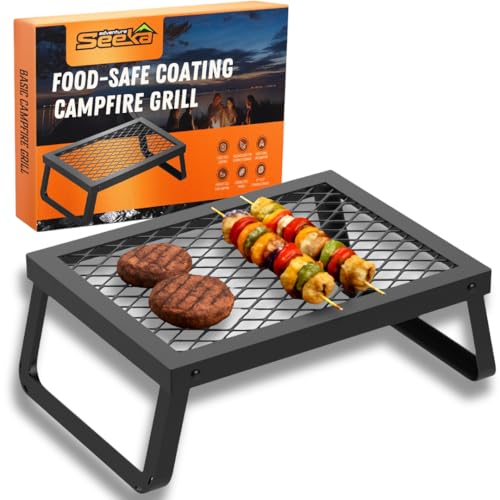Adventure Seeka Folding Campfire Grill – Portable Over-Fire Grill with Food-Safe Coating, Heavy Duty Steel, Compact with Folding Legs - Camping, RV, Overlanding, Fire Pits