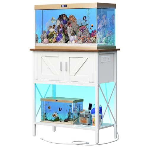 HOOBRO 20 Gallon Fish Tank Stand with Power Outlets and LED Light, Metal Frame Aquarium Stand, Reptile, Turtle Tank Stand with Cabinet Storage, 300 LBS Capacity, White and Walnut WH40UDFT01