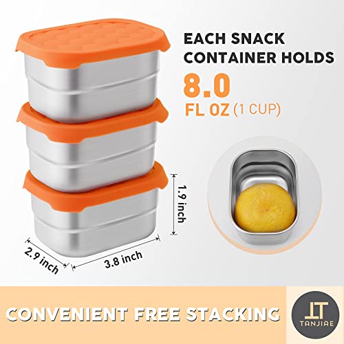 Image of Tanjiae Small (1 CUP) Stainless Steel Snack Containers for Kids | Easy Open Leak Proof Food Containers with Silicone Lids - Perfect Metal Toddler Lunch Box for Daycare and School (8oz)