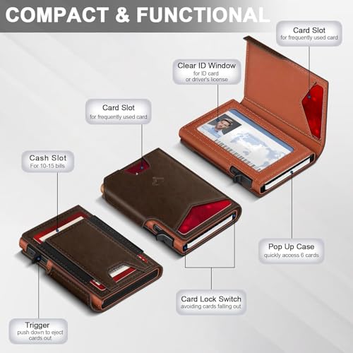Image of VOGARD Smart Pop-Up Leather Wallet for Men & Women | RFID Blocking Card Holder with Money Clip | Slim Magnetic Bifold Wallet with Quick Access Button - Holds 14 Cards & Cash (Coffee Brown)