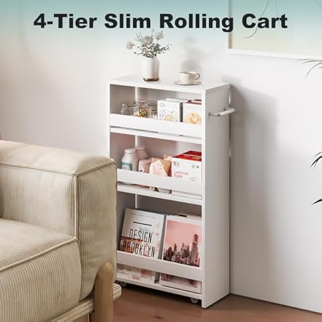 MARTY White Slim Storage Cart with Wheels, 4 Tier Rolling Utility Cart with Handle Slide Out Shelving Unit Organizer Trolley for Laundry Kitchen Bathroom Narrow Places Small Corner-EyM7CBKe