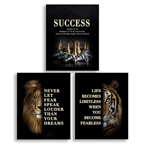 Workplace Success Inspirational Quotes Wall Art, Wild Animal Tiger Lion Decor Motivational Posters,Chess Prints,Office Decoration 8X10Inches Unframed Canvas Set Of 3 #TOP23