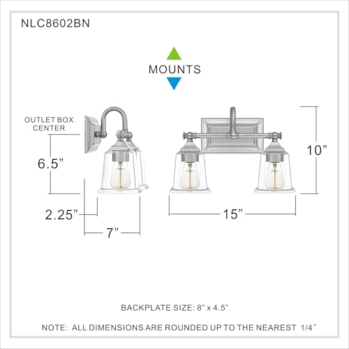Image of Quoizel Nicholas 15 inch Vanity Light, Brushed Nickel, Clear Glass | 2-Light, Dimmable, Reversible Mounting, ETL Damp Rated