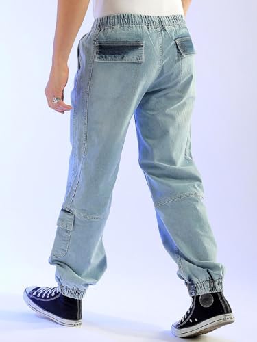 Image of The Indian Garage Co Men Loose Fit Solid Mid-Rise Stretchable Denim Joggers