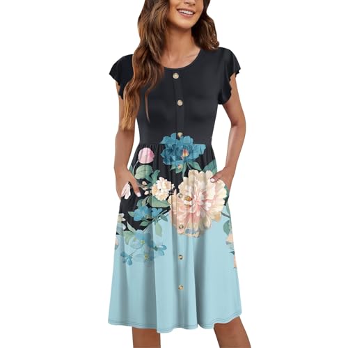 Kleid Damen Elegant Sommer Knielang Sommerkleider Damen Leicht Und Luftig Kleider A Linie Frauen Blumen Sommerkleid mit Taschen Weiß Strandkleid mit...