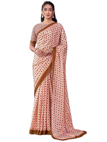 Image of Satrani Women's Chinnon Printed Saree with Unstitched Blouse Piece