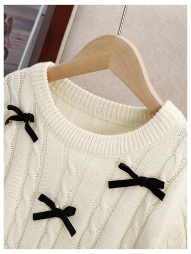 SweatyRocks Girl's Cable Knit Sweater Cute Bow Crewneck Long Sleeve Pullover Sweater3