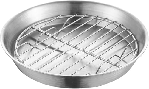 Benjiu ステンレス 網 ステンレストースター皿 網付き 蒸し器 蒸しかご 揚げ物メッシュ付き スキレット ベーキングパン ダッチオーブン皿 油きり網 皿 円形 天ぷらバット 食洗機 オーブン対応 卓上水切り油切り キッチン調理器具 (直径 16 cm