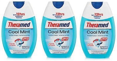 NEW 3 X THERAMED 2 IN 1 TOOTHPASTE & MOUTHWASH COOL MINT 75ML - TRAVEL DENTAL CARE by Theramed