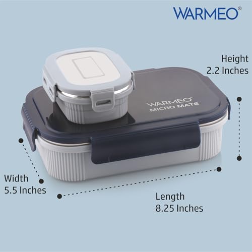 Image of WARMEO MICROMATE Microwave-Safe Stainless Steel Lunch Box, Bpa Free, Perfect for Office, School, Travelling, Combo(800ml+150 ml),Blue