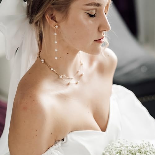 image for Trinckle Pearl Earrings for Women 14k Gold Pearl Drop Earrings, Long B