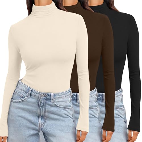 Ekouaer Women's 3 Pack Turtleneck Long Sleeve Shirts Slim Fit Thermal Underwear Tops Lightweight Pullover Tees