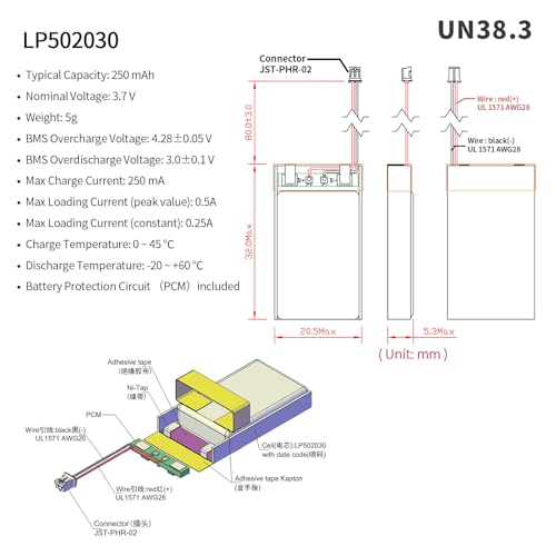 EEMB Lithium Polymer Akku 3,7 V 250mAh 502030 Wiederaufladbarer Lipo-Akku mit JST-Anschluss für VXI Blue Parrott – bestätigen Sie die Polarität des Geräts und des Anschlusses vor dem Kauf(1)