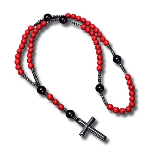 Terço Sagrado em Hematita, Coral Vermelho e Ônix Sintéticos - Pre...