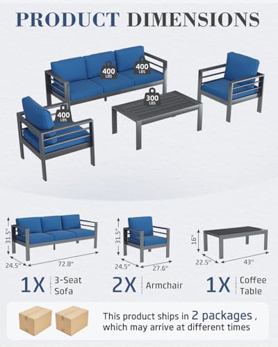 Image of AECOJOY Aluminum Patio Furniture Set, 5 Seats Modern Outdoor Furniture with Coffee Table, 4 Pieces Metal Conversation Sectional Sofa, Blue