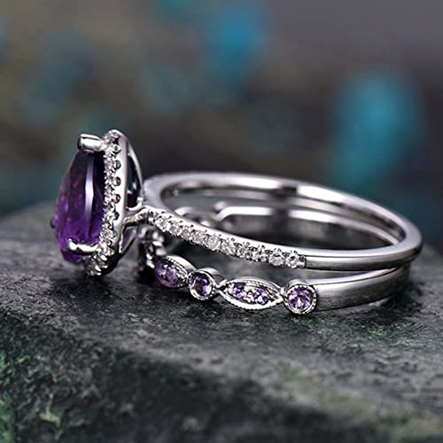 2pcs Womens Purple CZ Crystal Engagement Rings 925 Sterling Silver Shining Amethyst Ring Teardrop Shape Cubic Zirconia Promise Rings Set(8)4