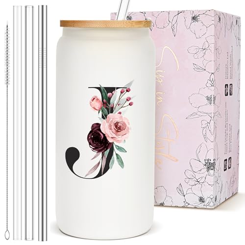 Cute Personalized Customized Gifts for Women, Monogram Glass Cups with Lids and Straws, Initial...