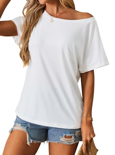 Image of Hilinker Womens Sexy Off The Shoulder Tops Short Batwing Sleeve T Shirt Oversized Casual Tee
