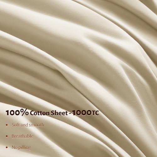 Shilucheng 100% Egyptian Cotton Sheets Set - 1000 Thread Count,Luxury Cotton Bed Sheets,Breathable & Cooling Bedding and Pillow Cases, 16 Inch Deep Pocket - 4 Piece (California King, Beige)