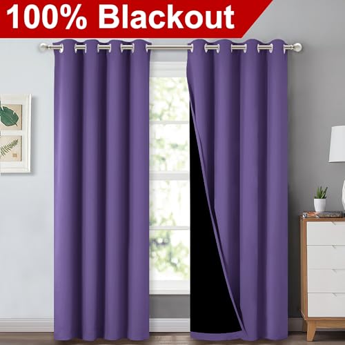 Image of NICETOWN Full Shading Curtains 90 inch Long 2 Panels Set for Windows, Super Heavy-Duty Black Lined Blackout Curtains for Bedroom, Privacy Assured Window Treatment (Lilac Purple, Pack of 2, 52 inch W)