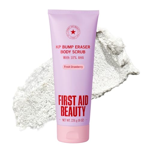First Aid Beauty KP Bump Eraser Body Scrub with 10% AHA - Dermatologist-Tested Keratosis Pilaris Exfoliator - Support for Rough Bumps & Uneven Skin Texture - Sensitive Skin - 8 oz Fresh Strawberry