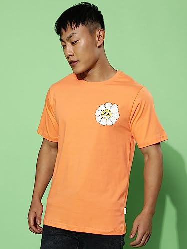 Image of Veirdo Cotton Blue Radiance & Orange Regular Fit Half Sleeve Crew-Neck Printed T-Shirt for Men