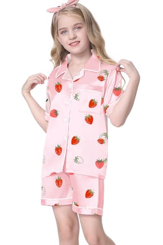 Image of Umeyda Women & Girls Pajamas Set, 2 Piece PJS Satin Silk Sleepwear Button-Down Top with Shorts for Mom Kids Gifts