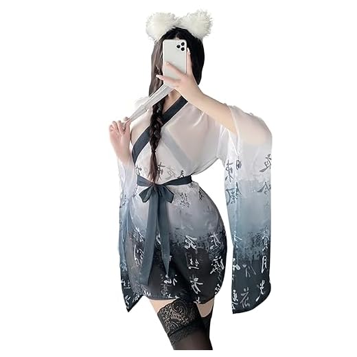 Temptshow Disfraz de kimono japonés sexy para mujer, bata de baño de geisha, disfraz de anime (negro y blanco)