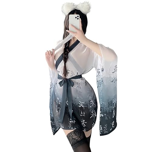 Temptshow Disfraz de kimono japonés sexy para mujer, bata de baño de geisha, disfraz de anime (negro y blanco)