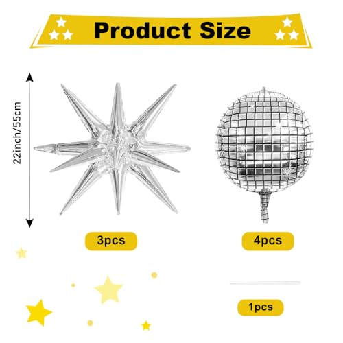 Image of Disco Ball Balloons, 7 PCS Foil Mylar Balloon Set, 22 Inch Silver 4D Disco Balloon with Explosion Star Balloon for 70s 80s 90s Bachelorette Birthday Party Anniversary Wedding New Year Graduation Decor