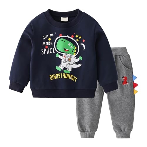 ジャージ 上下セット キッズ ダイナソー 恐竜 トレーナー 女の子 おしゃれ 可愛い 総柄 ロングパンツ 男の子 無地 カジュアル スウェット 長袖 セットアップ 子供 柔らかい 快適 通気性 ベビー 通園 通学 普段着 運動 スポーツ(ネイビー,110)