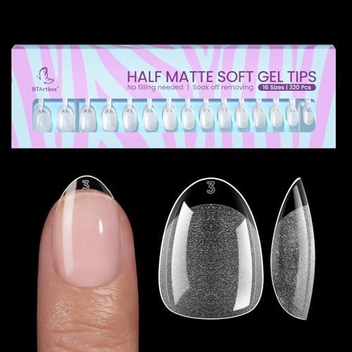 BTArtbox Half Matte Clear Soft Gel Nail Tips, Extra Short Almond, 320 Pcs