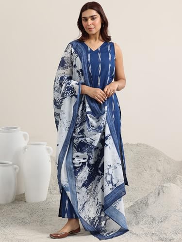 Image of Libas Blue Woven Design cotton blend Straight Kurta set for Women | daily wear suit