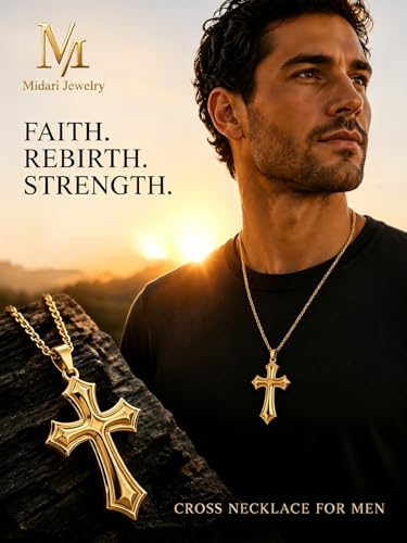 Image of Midari Gold Cross Necklace for Men 18K Gold Cross Pendant Minimalist Faith Necklace Christian Pendant Religious Gift