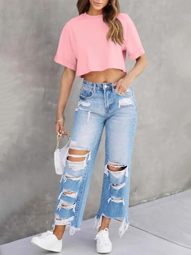 Image of Tankaneo Women Crop T-Shirts Half Sleeve Drop Shoulder Cropped Tops Y2K Casual Summer Basic Tees