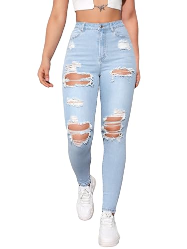 MakeMeChic Women's Ripped Skinny Jeans Casual High Waisted Distressed Stretch Denim Pants